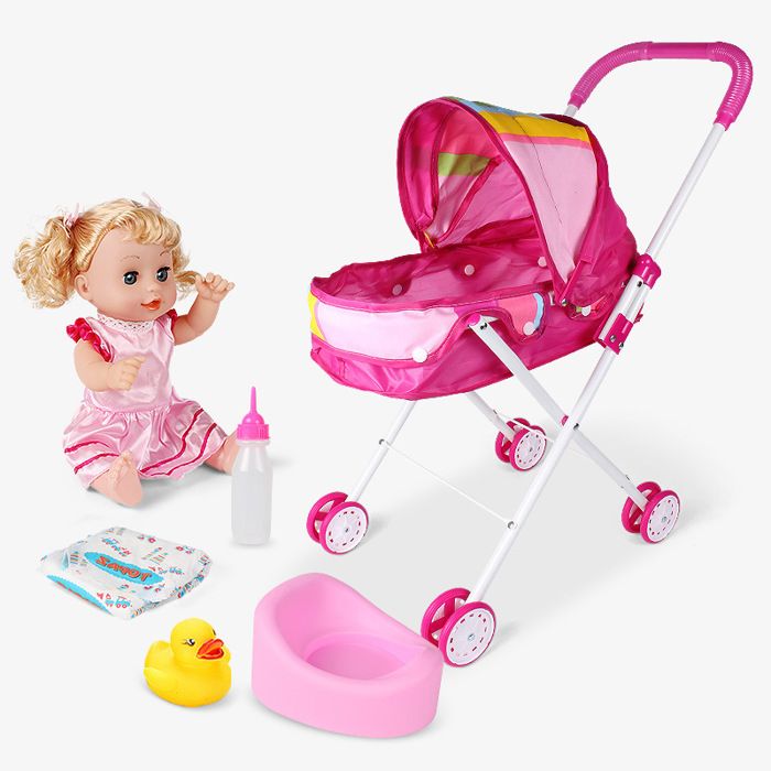 Poussette De Poupée Pliable Avec Poupée Bébé Posable - Jeu D’imitation Pour Enfants 1 An Et Plus - Roues Doubles, Siège Lavable - 3