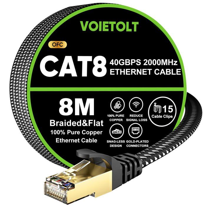 Câble Ethernet Cat8 10 M - 40Gbps, Blindé, Pour Gaming, PC, Routeur, Extérieur