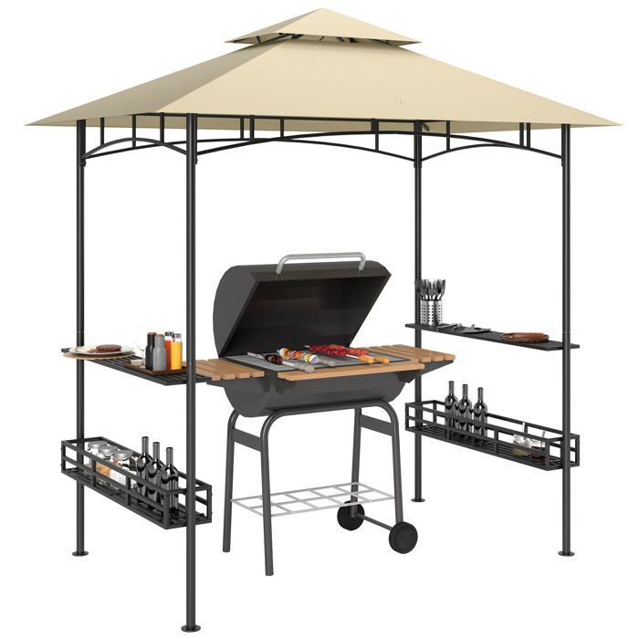 Tonnelle de barbecue - Outsunny - crochet au plafond - étagères et paniers de rangement - métal galvanisé 240 x 150 x 257 cm - beige