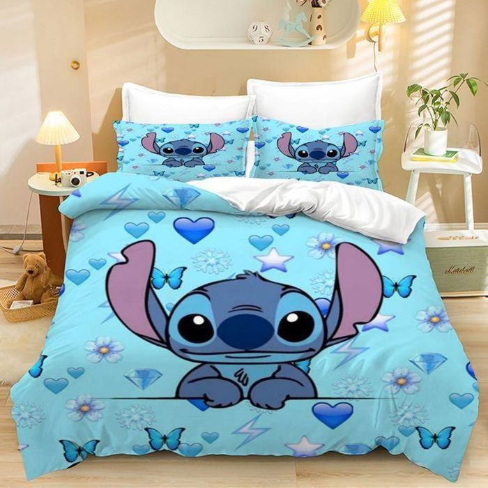 Housse de Couette Stitch 220x240 3D Imprimé en Microfibre Parure de lit Stitch 3 Pièces Stitch avec 2 Taie doreiller 50x75cm