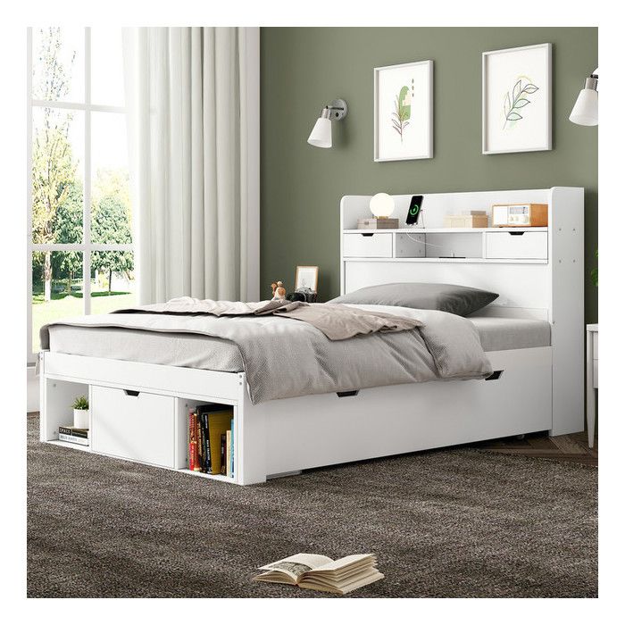 lit 1 personne 90x200 cm avec Port USB Lit Enfant Rembourré avec Tiroirs et Rangement Lit Simple Blanc