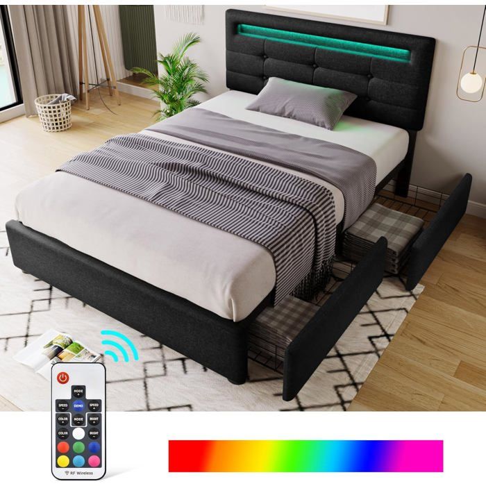 Lit coffre 90x200 cm LEMONBEST Noir - lit simple rembourré avec LED réglable 2 tiroirs sommier inclus