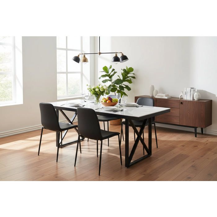 Table à Manger Design Verre Trempé Marbré Blanc & Métal Noir – 180×90 cm