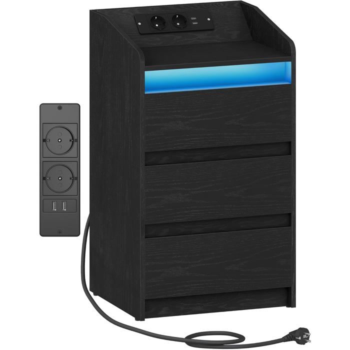 Table de Chevet avec 3 Tiroirs Table dAppoint avec Station de Charge et LED 2 Prises CA et 2 Ports USB Noir