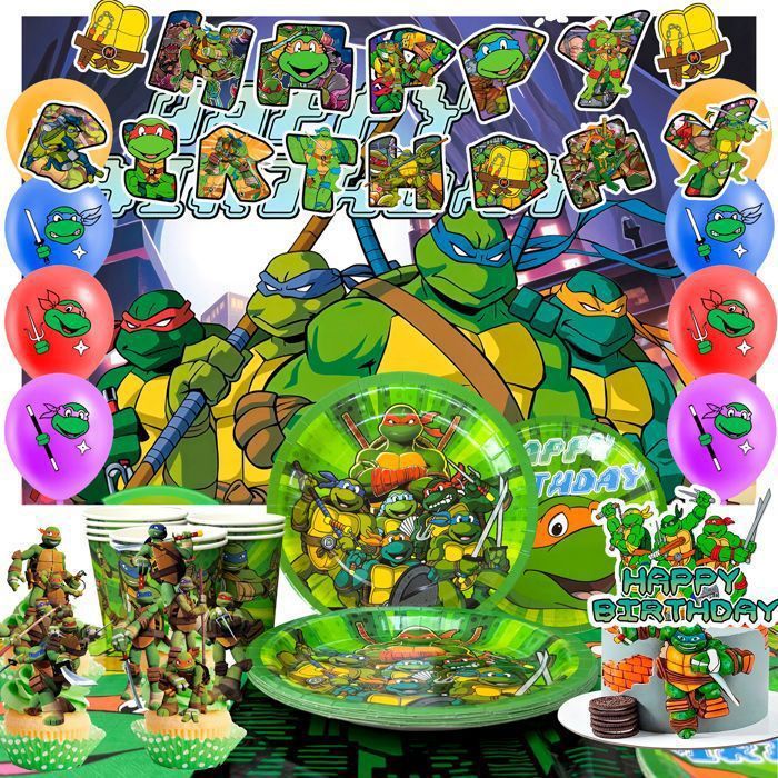 Kit De Fête Tortues Ninja Pour 10 Enfants - Bannière, Vaisselle, Masques, Goodies