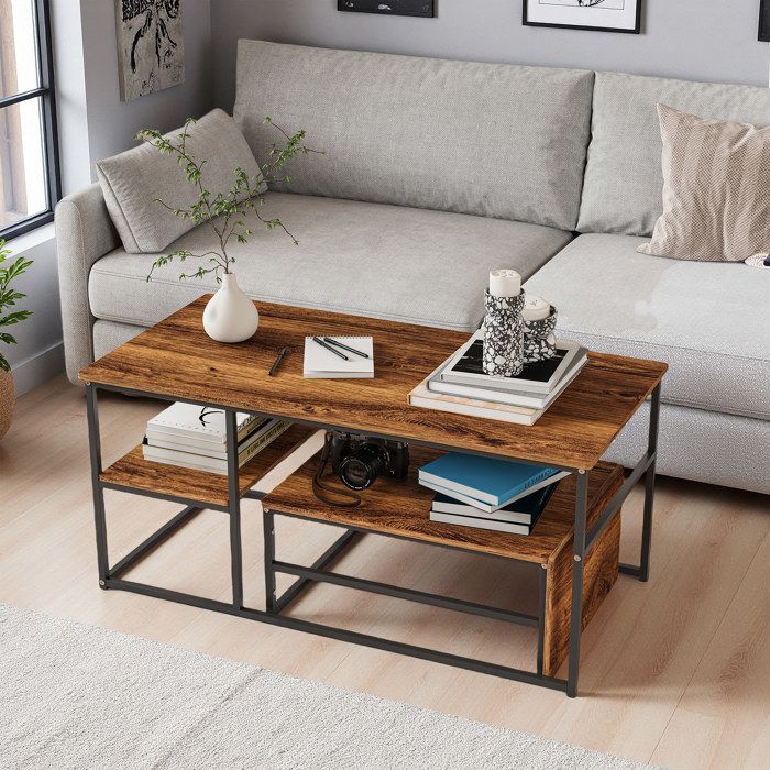 Table basse salon - Carré - Plateau marbre effet bois - Pieds métal noirs - Lot de 2 - 105x52x48 cm