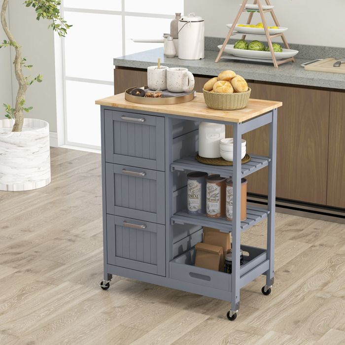 GIANTEX Desserte de Cuisine à Roulettes-3 Tiroirs-2 Étagères ouvertes-Plateau Amovibles-Comptoir en Bois dHévéa-67x37x83 5cm-Gris GIANTEX Desserte de Cuisine à Roulettes-3 Tiroirs-2 Étagères ouvertes-Plateau Amovibles-Comptoir en Bois dHévéa-67x37x83 5cm-Gris