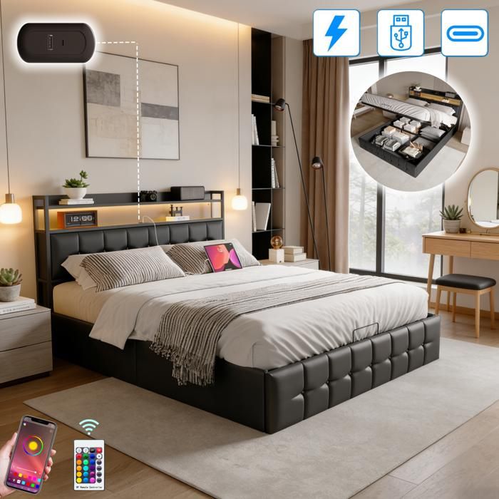 Lit 140x190 cm avec LED et USB lit adulte avec rangement et tete de lit lit coffre lit 2 personnes sommier à lattes PU noir