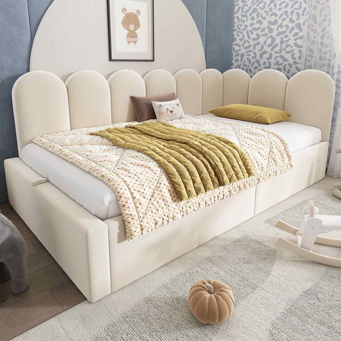 canapé convertible Lit rembourré 90x190 cm lit coffre hydraulique avec cadre en métal lit enfant (sans matelas) velours beige