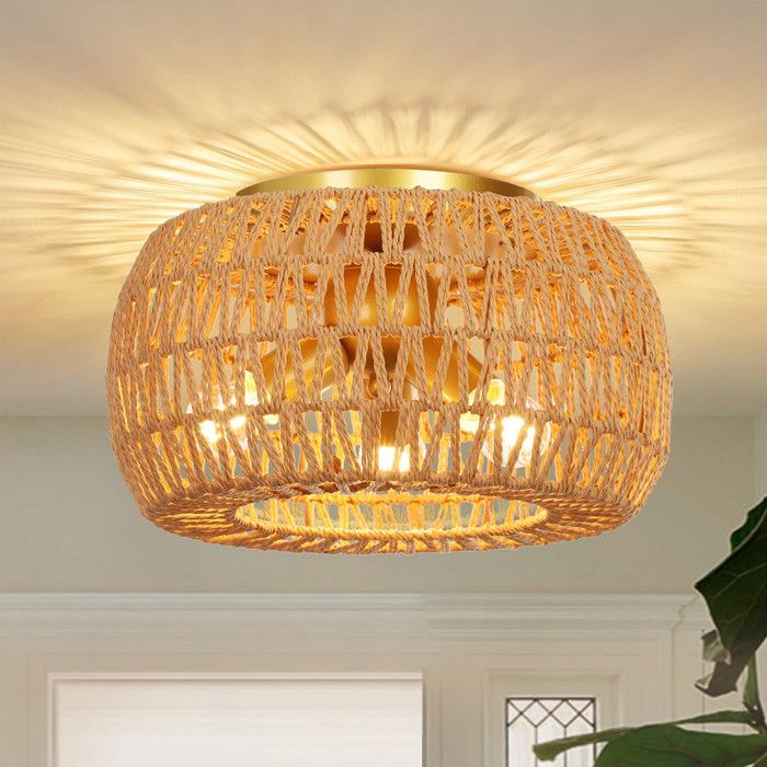 LAPAMAX Plafonnier en rotin à 3 lumières de style Boho Lampe de Plafond Vintage avec Abat-jour pour Chambre Entrée Couloir Cuisine