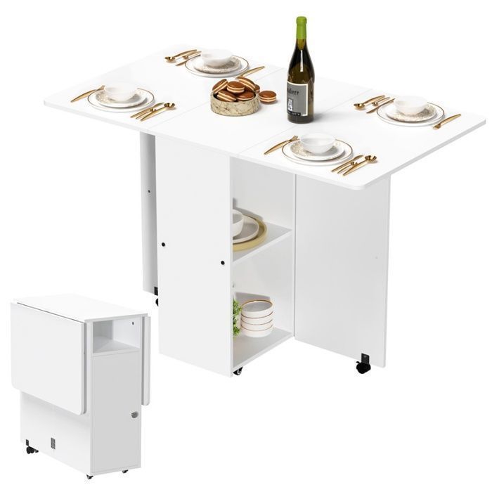 Lvhcmfohm Table à Manger Pliable Table de Cuisine avec roulettes et 2 Etagères de Rangement Pour Petits Espaces Blanc