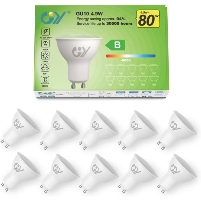 Ampoules LED GU10 - SWROSE -GU10 4.9W 80W équiv. 790lm 4000K Blanc Neutre Angle 120° Lot de 10