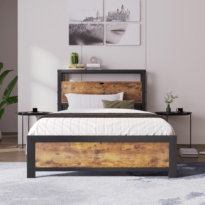 Lit Simple 90x200cm Métal-Tête de Lit avec Rangement-Sommier à Lattes Intégré-Noir-Design Industriel-Adulte Enfant sans Matelas