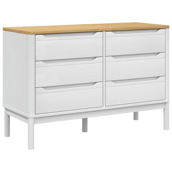 Commode en bois de pin massif - JILL - Blanc - 111x43x73 5 cm - 6 tiroirs - Capacité 30 kg - Pieds en bois