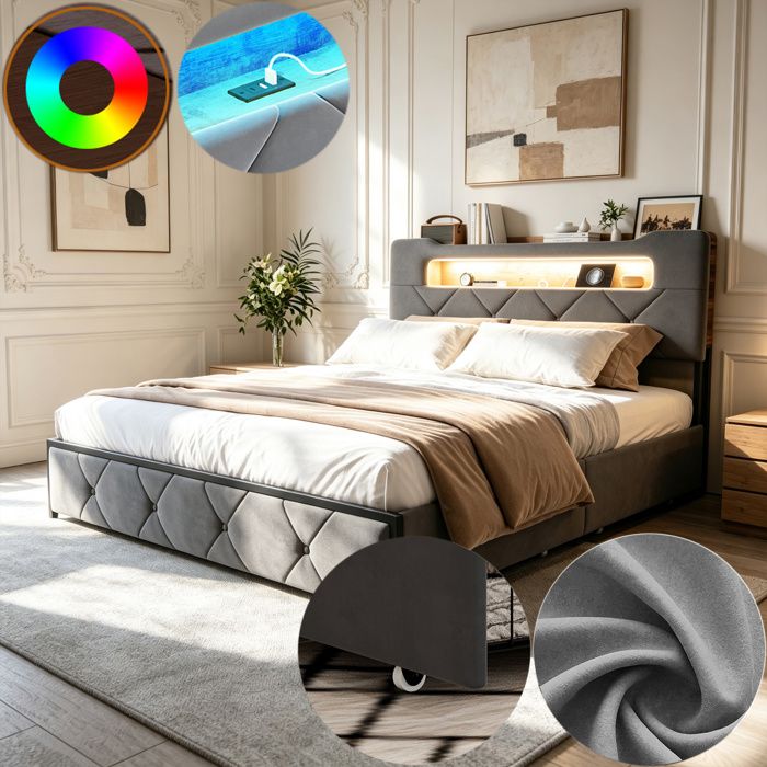 Lit 160x200 cm COZY lit adulte avec sommier à lattes cadre de lit double avec 4 tiroir et LED tissu velours 160x200 cm gris