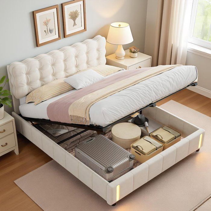 litcoffre 160 200 coffre lit 160 x 200 avec sommier lit adulte lit double lit à levier hydraulique Velours Beige