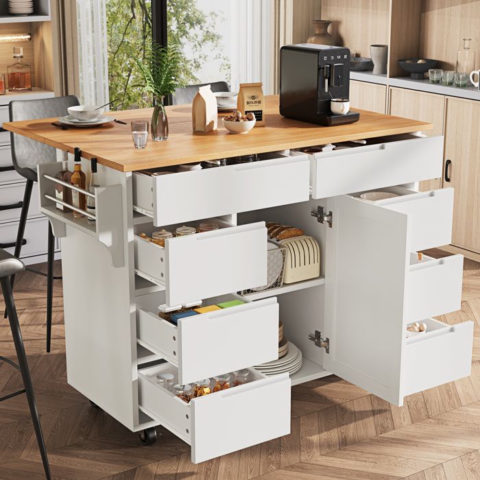Desserte de cuisine avec table de bar pliante. îlot central. 8 tiroirs. étagère à épices. MDF. 122×46/74.5×91.5 cm.blanc