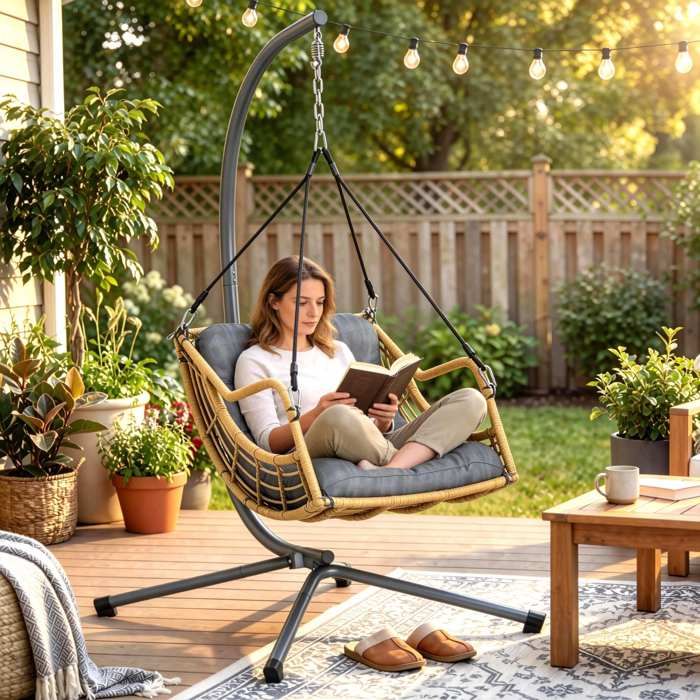 Fauteuil suspendu en résine tressée avec support chaise suspendue coussin attache de sécurité hauteur réglable gris