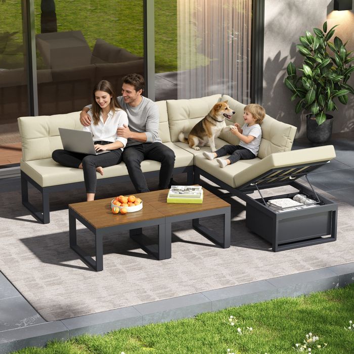 Ensemble de meubles de jardin - Dossier réglable en 3 étapes - Fonction de couchage - Coussins épais