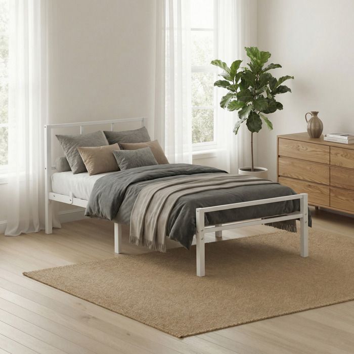 Structure de lit Simple Métal 90 x 190 cm Sommier Robuste avec Tête de Lit Montage Rapide Chambre Blanc Structure de lit Simple Métal 90 x 190 cm Sommier Robuste avec Tête de Lit Montage Rapide Chambre Blanc