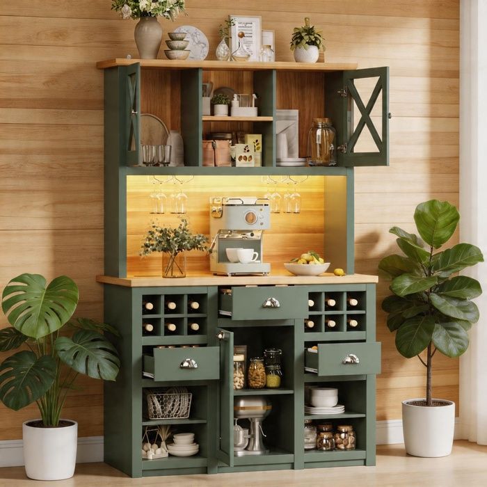 Buffet et vaisselier - Buffet haut 120×45×188 cm - Portes vitrées - Bandeau LED & prises AC/USB - Étagères réglables