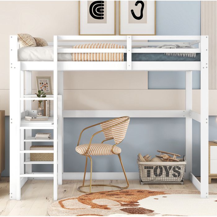 ULEVR Lit mezzanine 140 x 200 cm avec bureau et rangements pin et MDF blanc antique