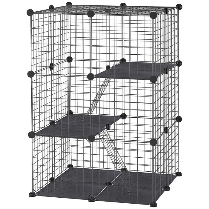 LIA Enclos pour petits animaux cage à lapin modulable 3 niveaux 39 panneaux avec rampes en métal 70 x 70 x 105 cm noir