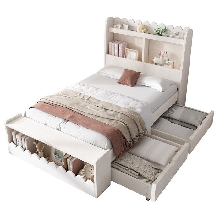 Lit simple 90x190 cm avec espace de rangement tiroirs intégrés bibliothèque et banc bois blanc/chêne
