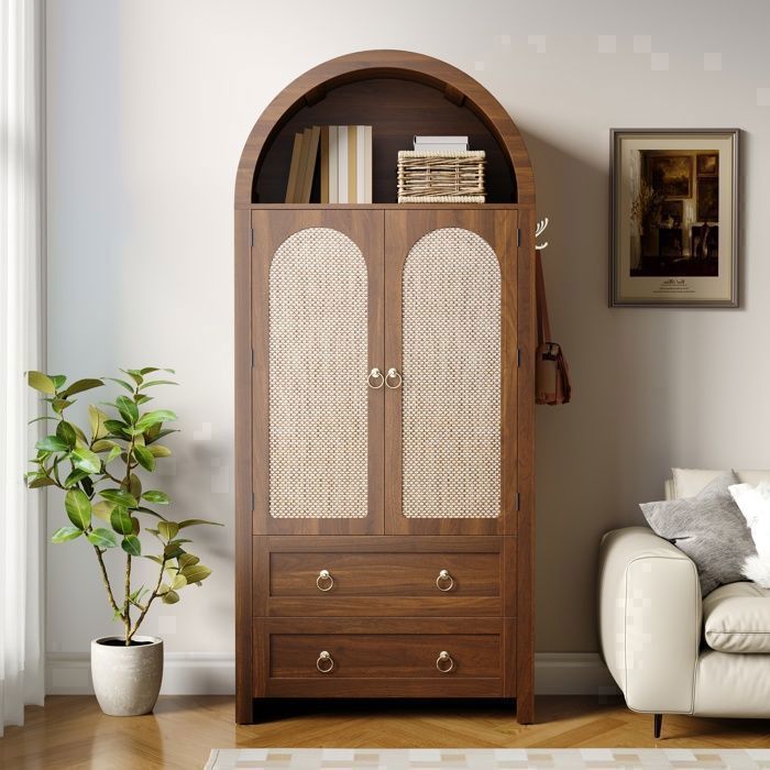 Buffet Haut 80 x 40 x 180 cm Vintage 2 Portes 2 TiroirsArmoire de Rangement Effet Cannage  Salon et cuisineNoyer