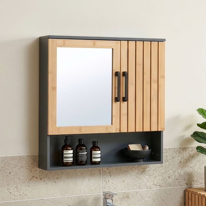 Armoire murale de salle de bain avec miroir Svanes 58 x 56 x 13 cm gris foncé naturel Armoire murale de salle de bain avec miroir Svanes 58 x 56 x 13 cm gris foncé naturel