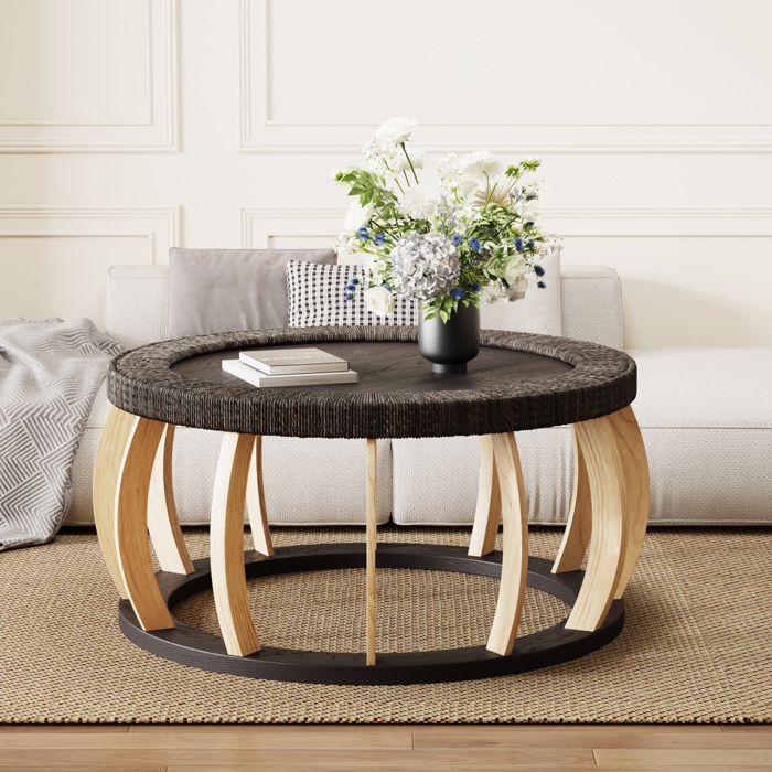 Table basse ronde vintage en rotin et bois massif 90x90x43 cm Noir Brun Bois massif + MDF design moderne rangement pratique