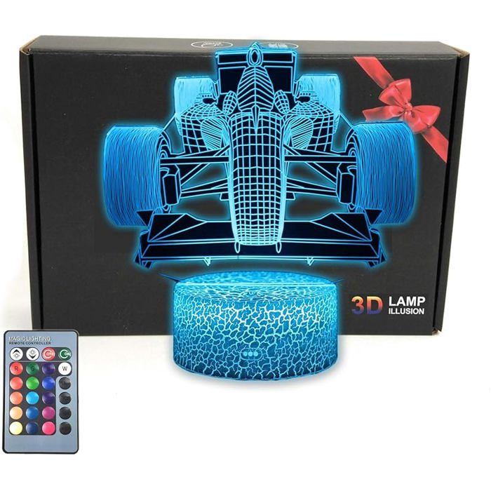 Lampe de table en forme de voiture de course avec illusion 3D - Avec carte de vœux16 couleurs changeantes Formul LAMPE DECORATIVE