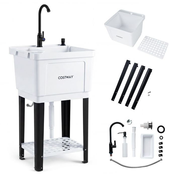 Évier de Cuisine Autoportant COSTWAY-avec Robinet Pivotant Étagères Distributeur de Savon-Cuve 49x40x86 5cm 55L-Tuyaux de Vidange