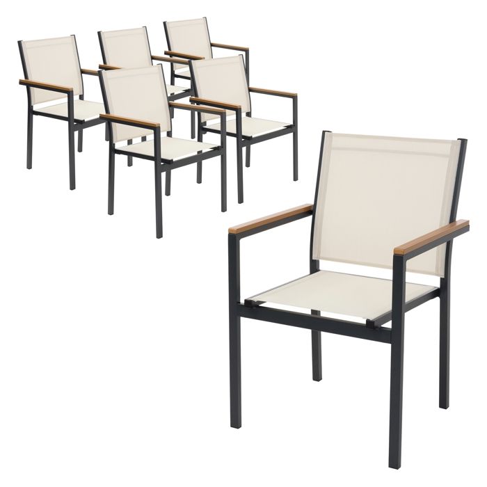 Lot de 6 chaises de jardin - ML-Design - Beige - Accoudoirs aspect bois Structure en aluminium Lot de 6 chaises de jardin - ML-Design - Beige - Accoudoirs aspect bois Structure en aluminium
