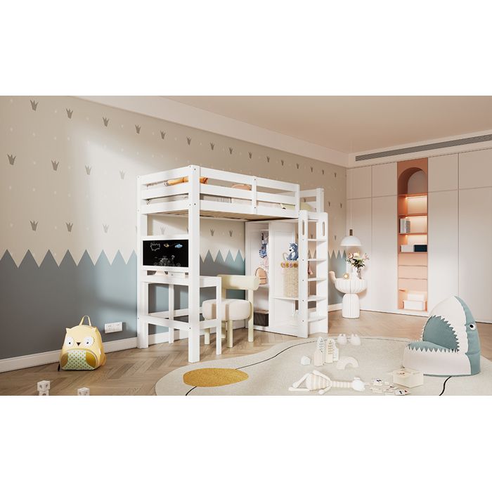 HOMVRA Lit mezzanine enfant 90 x 200 cm avec bureau armoire ouverte étagères et tableau noir double face blanc