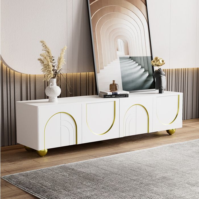 MEULVA Meuble TV bas 170 cm blanc et or 4 portes push-to-open étagères intérieures pieds dorés
