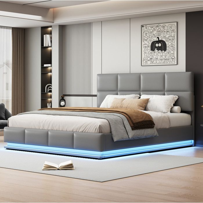 HOMVRA Lit coffre 180x200 cm avec LED tête de lit réglable sommier à lattes simili cuir gris