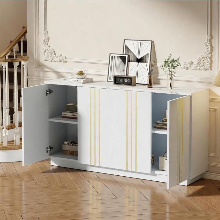 Buffet bas 4 portes 140 x 35 x 70 cm blanc et or avec étagères réglables en panneaux de particules