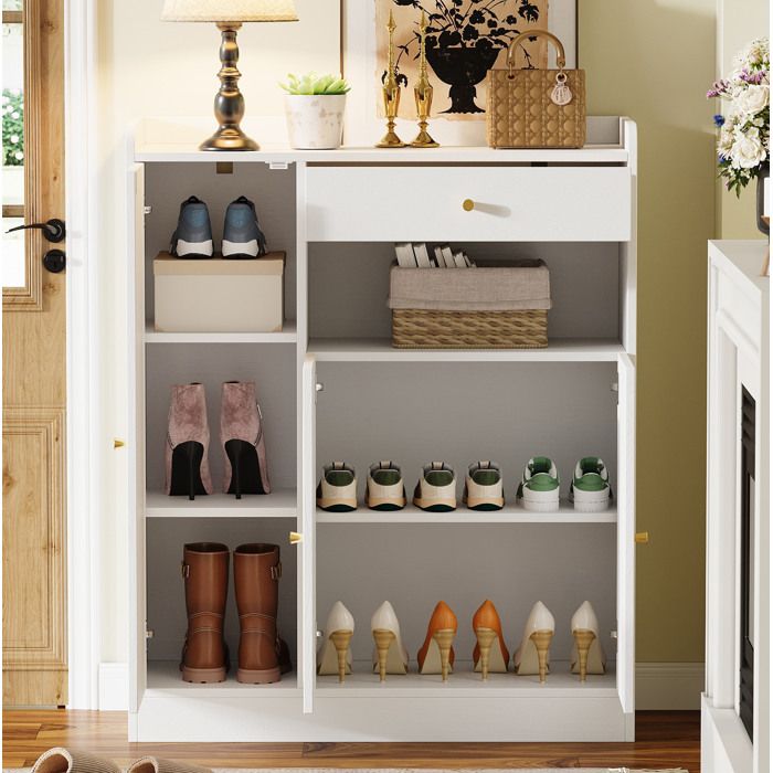 WOVREO Meuble à chaussures en rotin 90 x 35 x 110 cm 3 portes 1 tiroir blanc et naturel