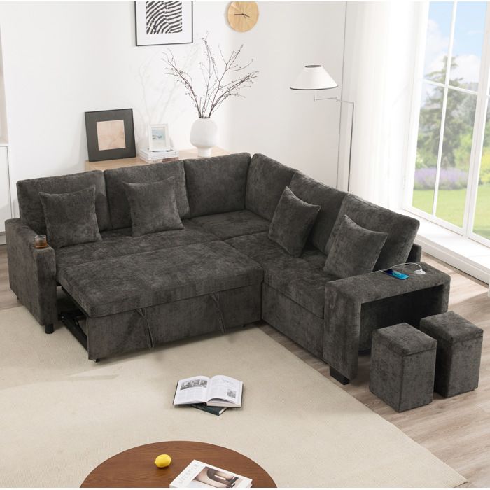 Canapé dangle convertible réversible gris en chenille avec rangement USB USB-C porte-gobelet et pouf