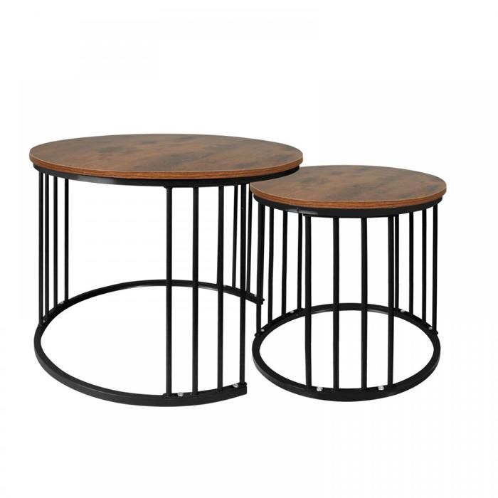 KEDIA Tables gigognes Lot de 2 60*60*4540*40*38 Rondes Table dappoint pour Salon Salle à Manger Bois brûlé + pieds noirs