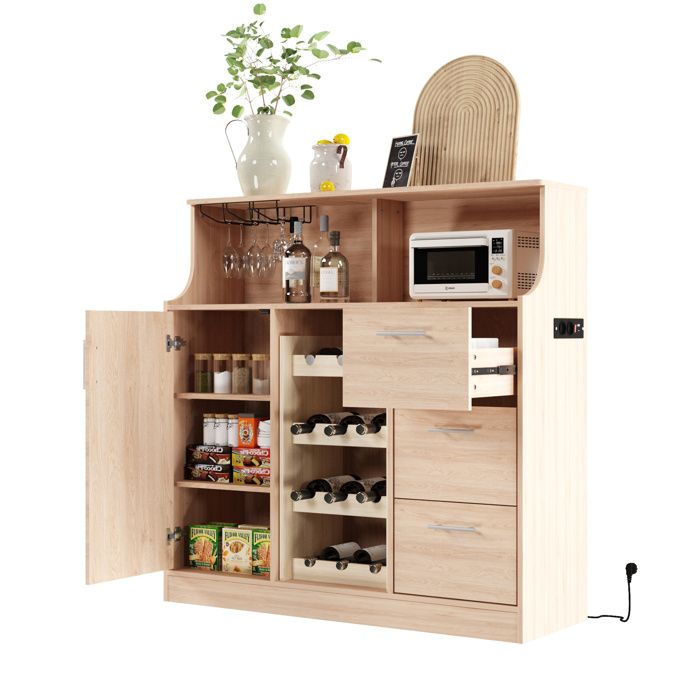 Meuble Bar avec 1 Porte 3 Tiroirs Prise et LED - pour Cuisine - 120×40×121 cm - en MDF - Naturel et Blanc