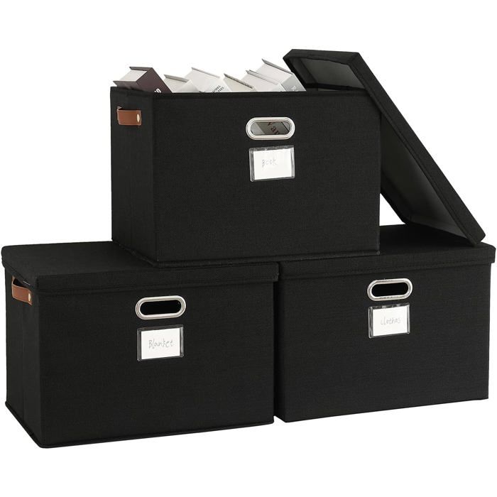 Lot de 3 boîtes de rangement en toile - pliables empilables avec couvercle 43 x 30 x 30 cm noir