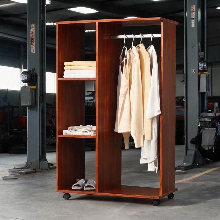 Armoire penderie ouverte en panneaux de particules noyer mobile avec roues 3 étagères et tringle 80x40x128 cm