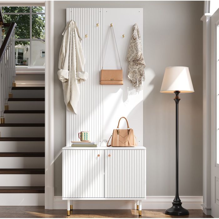 WUVRIE Vestiaire d’entrée avec meuble à chaussures 2 portes 6 crochets PB et MDF blanc 70 x 35 x 180 cm