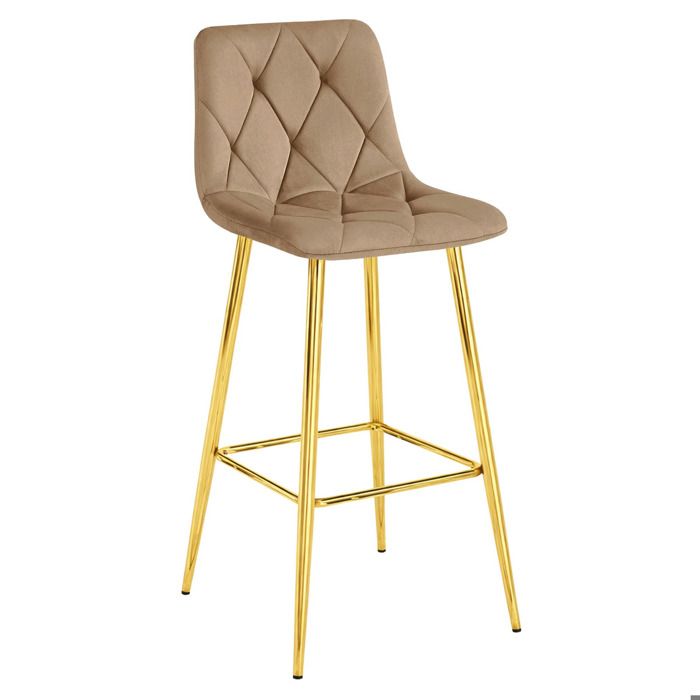 Tabouret haut Nado en velours taupe et pieds or - Réf. VK8681847466185