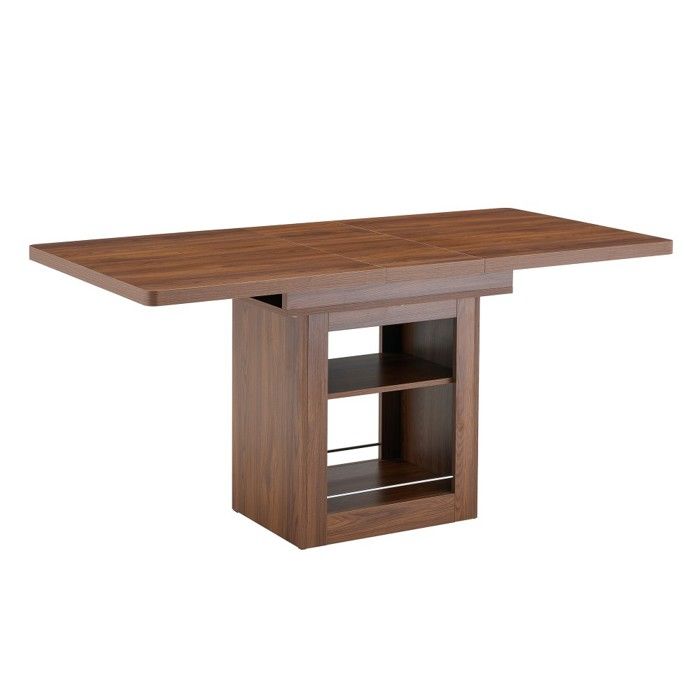 Table De Salle À Manger Extensible Coloris Noyer 130-160x80x75.5cm En MDF Étagère Et Rails Métalliques Pour Quatre À Huit Personnes