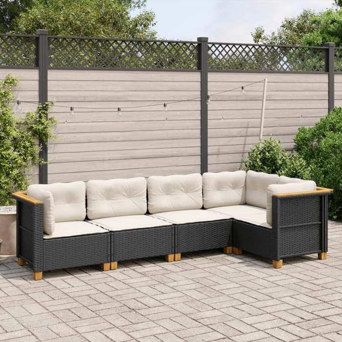 Noir Salon de jardin 5 pcs avec coussins noir résine tressée - Meuble de balcon LV55271