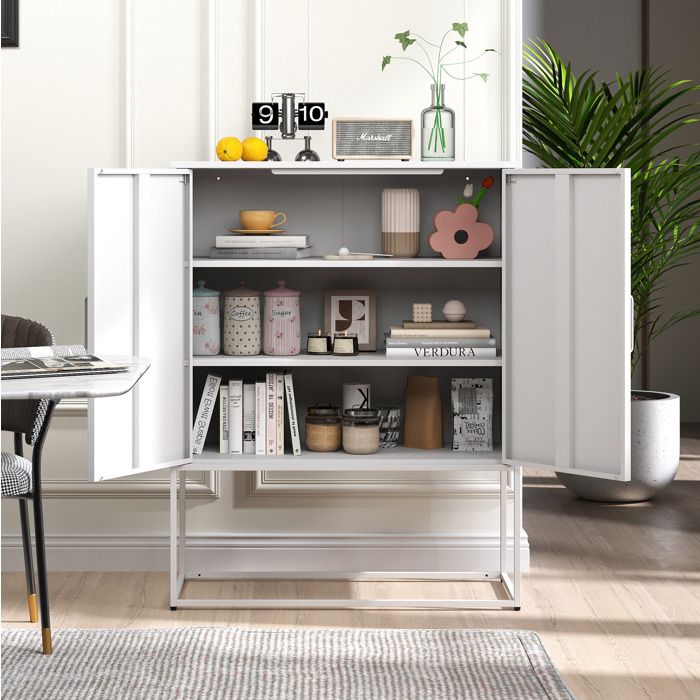 Buffet bas métal blanc AESVAR 85 x 40 x 109 cm 2 étagères fixes portes magnétiques anti-basculement