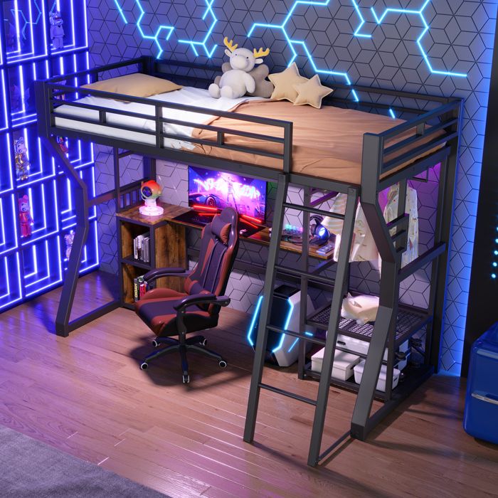 Lit superposé 90x200 cm Noir Métal et MDF avec LED prise et bureau